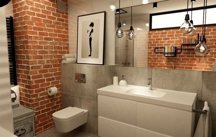 Ванная в стиле лофт с кирпичной стеной